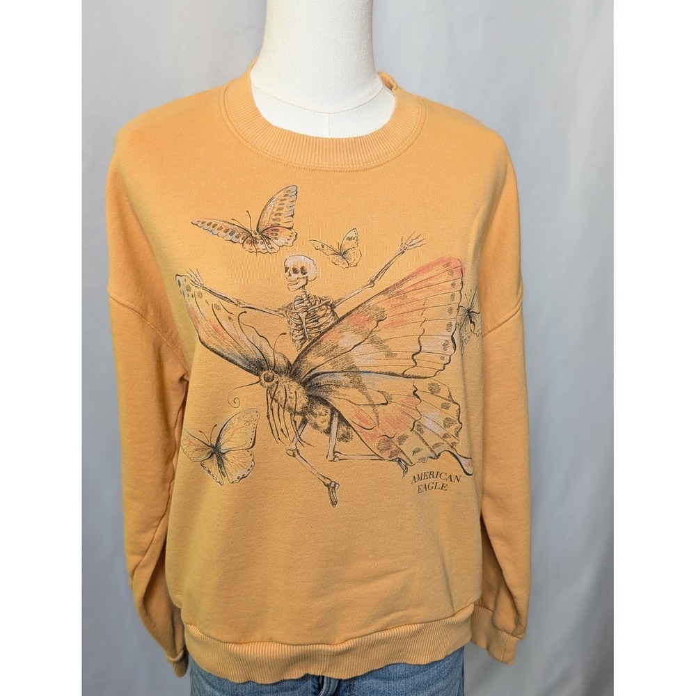 American Eagle Skeleton Butterfly Graphic Sweatshirt Mustard Yellow Medium - Picture 2 of 5